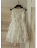 Ivory Lace Chiffon Cupcake Flower Girl Dress With Flower Sash